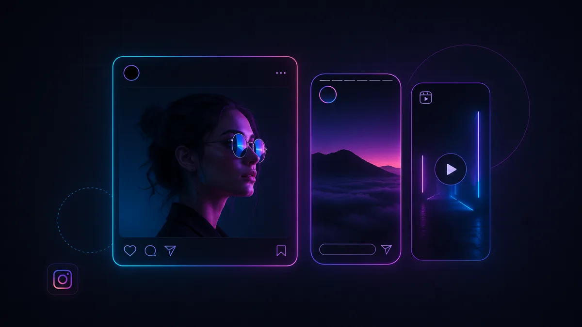 Neonski prikaz Instagram formata objava, Storyja i Reels sadržaja.