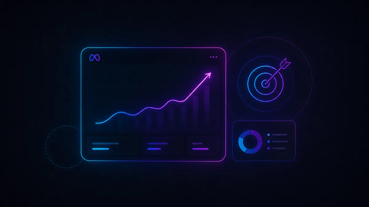 Analitički dashboard i target simbol za Meta Ads kampanje.
