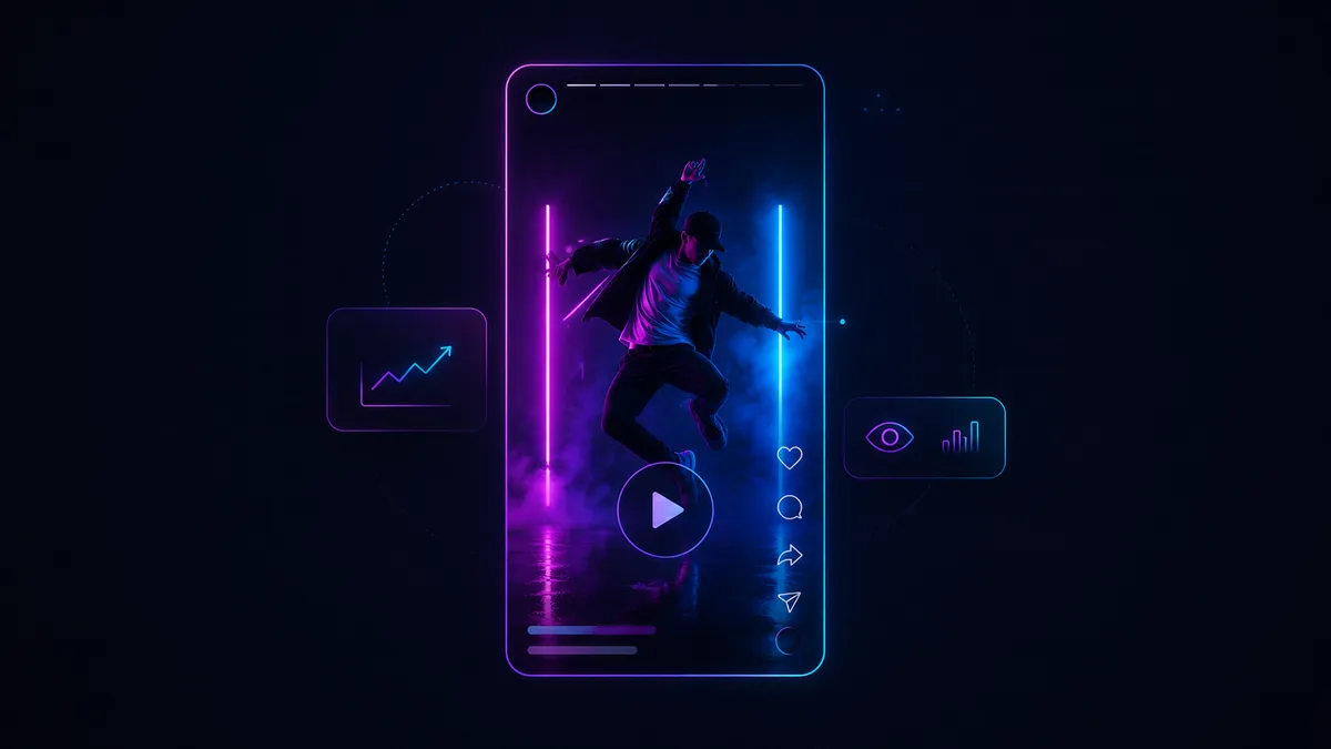 Neonski vertikalni TikTok ili Reels video interfejs sa pokretom i energijom.